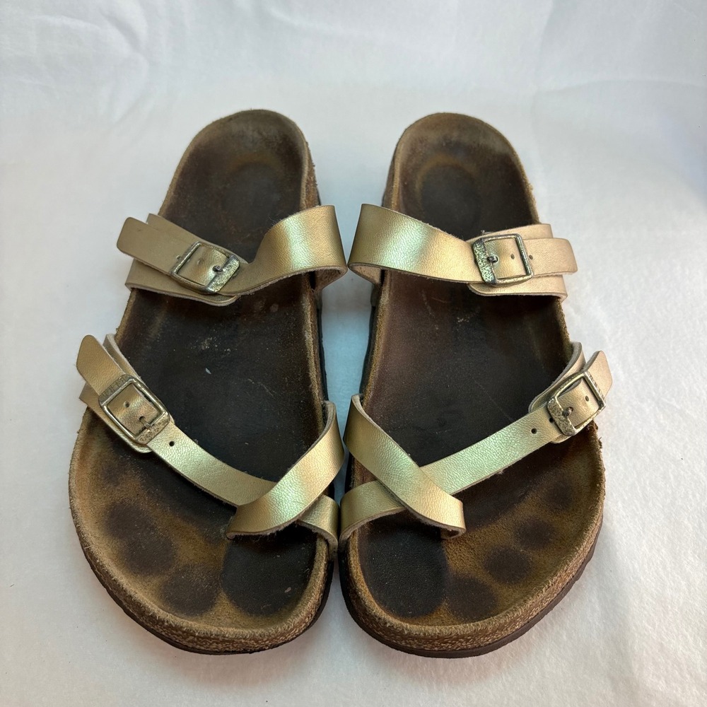 Birkenstock Mayari Metallic Gold Strappy Toe Loop Sandals Womens 38
